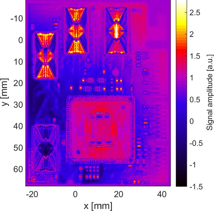 THz reflection amplitude map of the module, third time window, lead frames of the memory chips visible.
