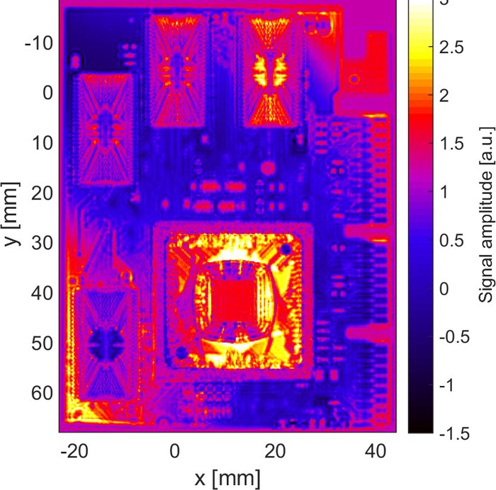 THz reflection amplitude map of the module, latest time window, internal structure of the main IC package visible.