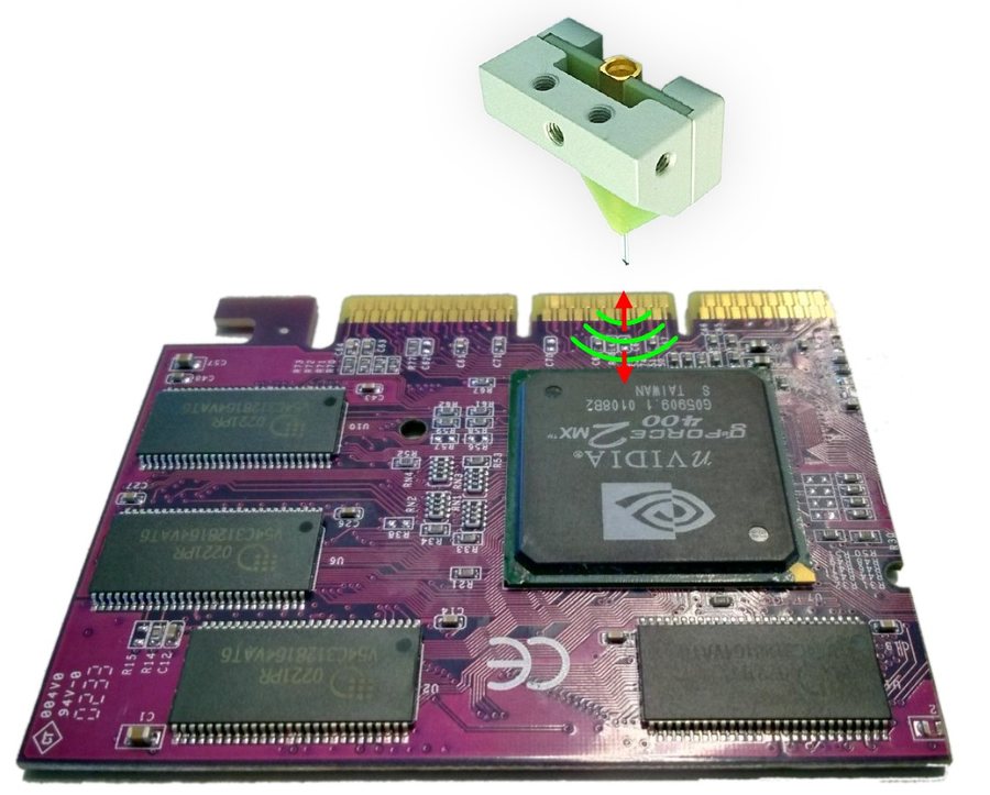 Illustration of a TeraSpike transceiver probe above the main IC of a graphics-card module, indicating near-field reflection measurement.