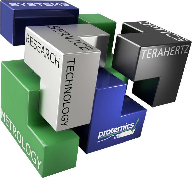 Rendered cube puzzle of interlocking blocks labelled Systems, Service, Research, Technology, Optics, Terahertz and Metrology, with the Protemics logo.