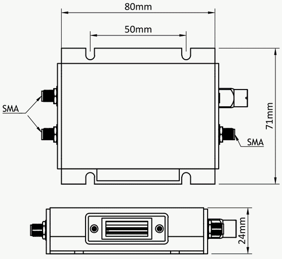 Dimension drawing: housing 80 mm by 71 mm including mounting plate, 50 mm hole spacing, 24 mm height, SMA connectors on both sides.