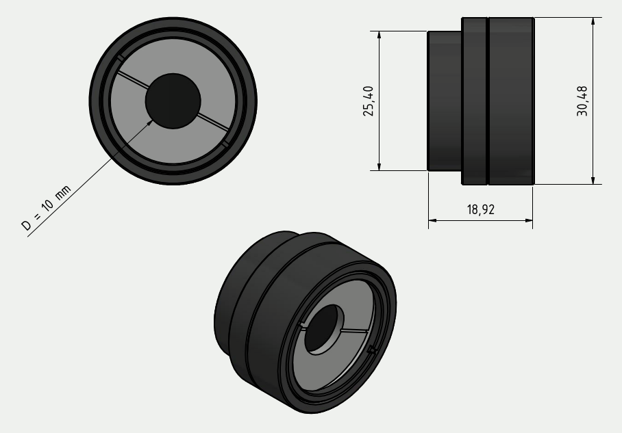 Dimension drawing of the TeraBlast with 1-inch mount: front view with 10 mm active area, side view with diameters 25.40 mm and 30.48 mm and a length of 18.92 mm, and a perspective view.