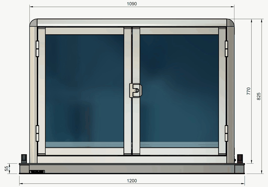 Front-view technical drawing of the TeraCube M2 housing: 1200 mm baseplate width, 825 mm total height.