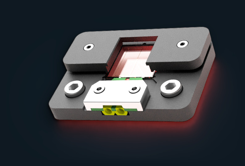 Rendering of the TeraLineX_ultra: dark-grey housing with a window over the chip, a white clamp and two SMP connectors at the front, with a red glow underneath.